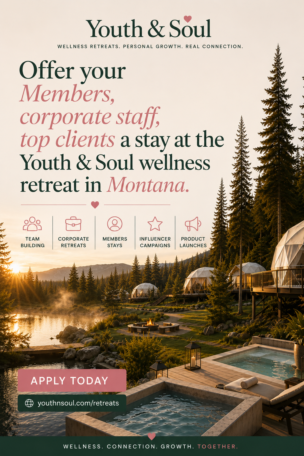 Offer your members, corporate staff, top clients a stay at Youth & Soul wellness retreat in Montana